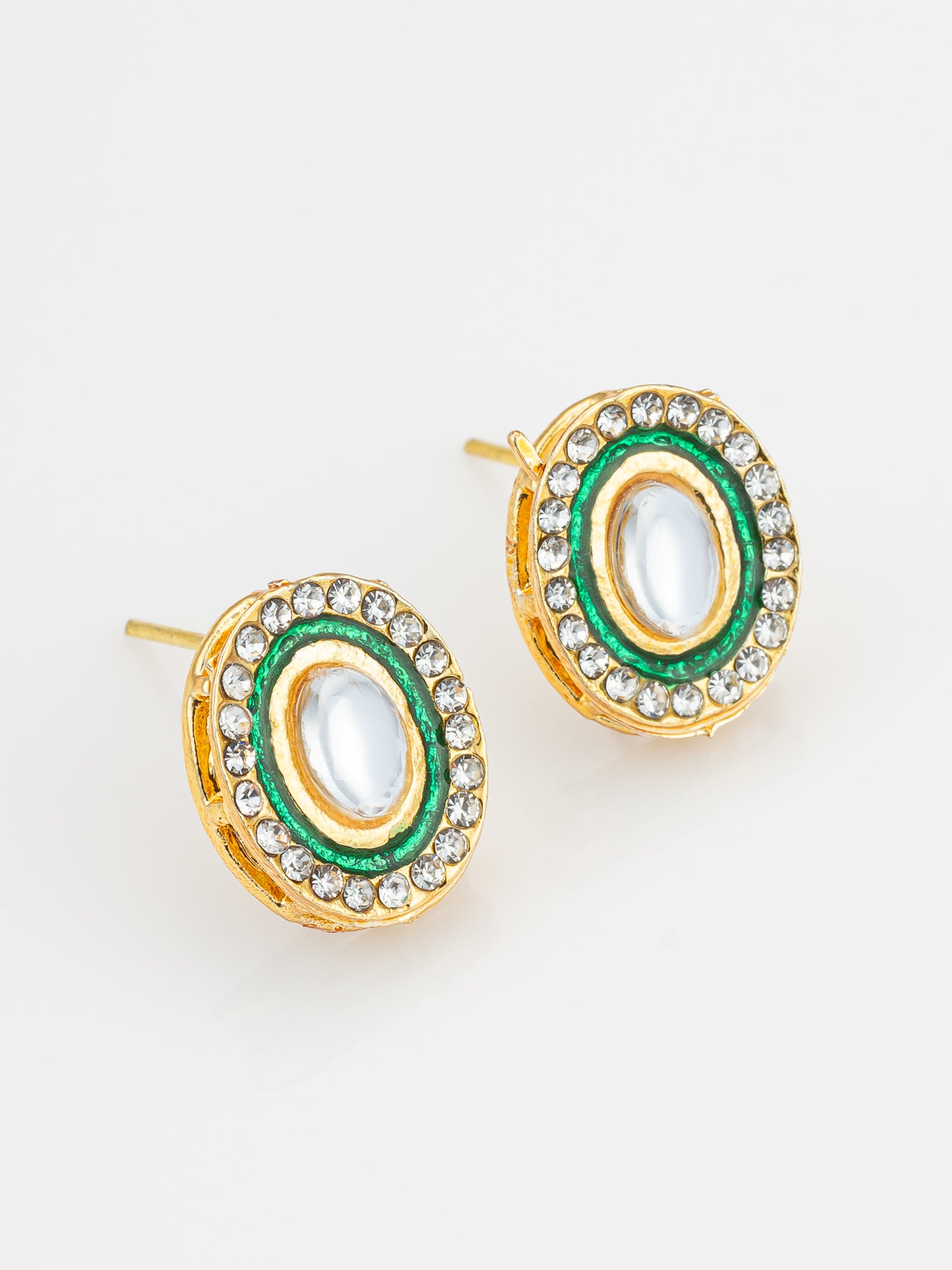 Aadita Traditional Gold Plated Green and White Kundan Stud Earrings