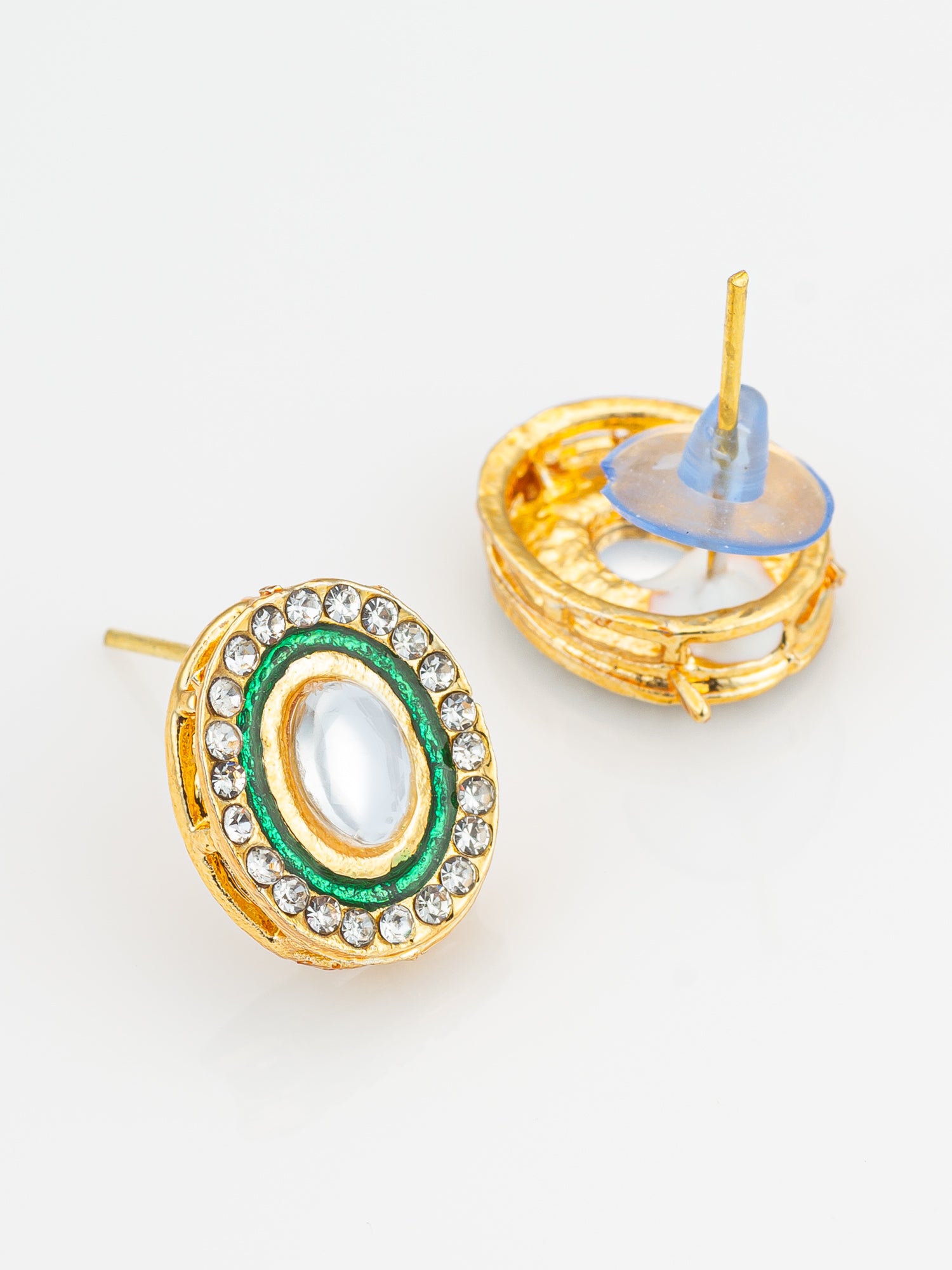 Aadita Traditional Gold Plated Green and White Kundan Stud Earrings