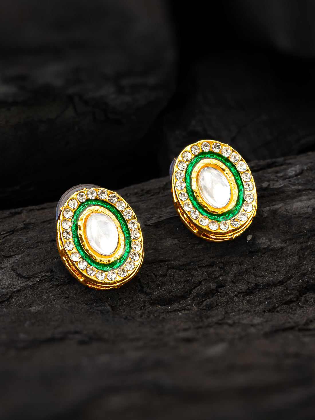 Aadita Traditional Gold Plated Green and White Kundan Stud Earrings