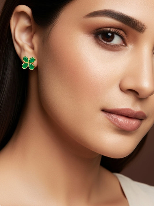 Aadita Floral Green Stone Gold Plated Stud Earrings