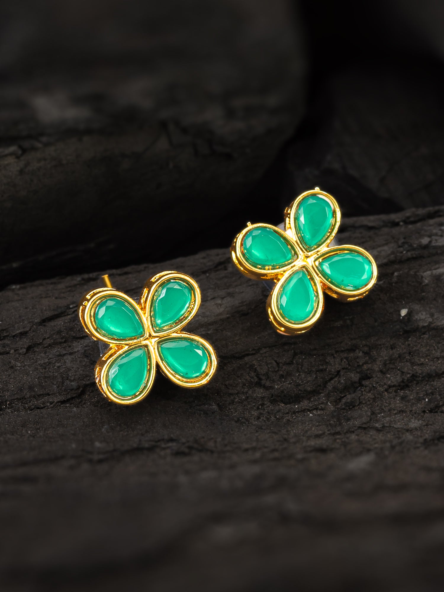 Aadita Floral Green Stone Gold Plated Stud Earrings
