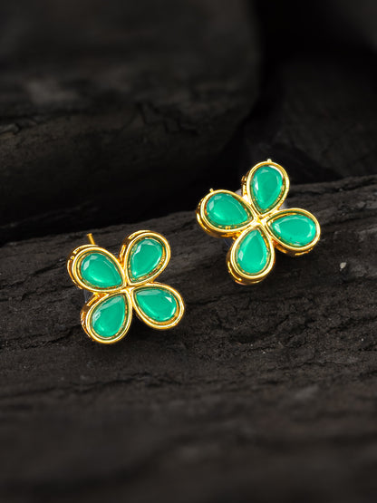 Aadita Floral Green Stone Gold Plated Stud Earrings