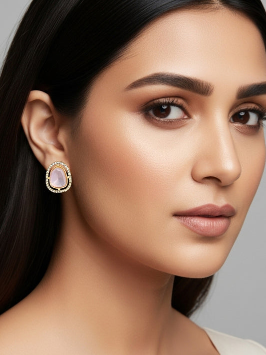 Aadita Premium Pink Stone and Crystal Stud Earrings