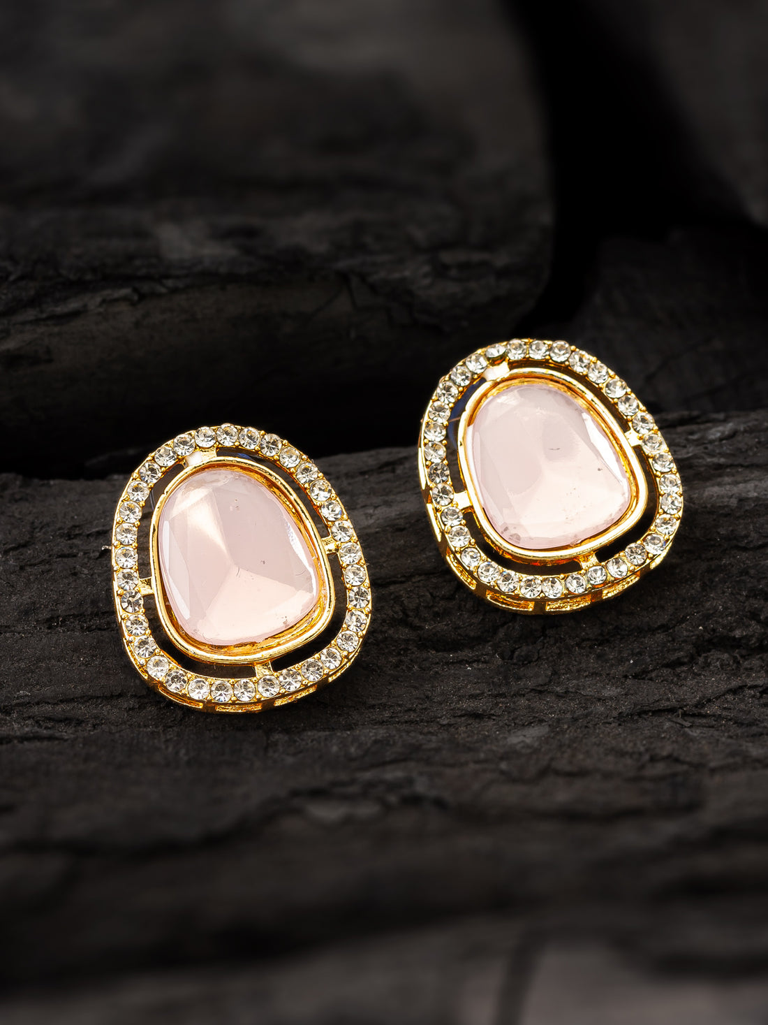 Aadita Premium Pink Stone and Crystal Stud Earrings