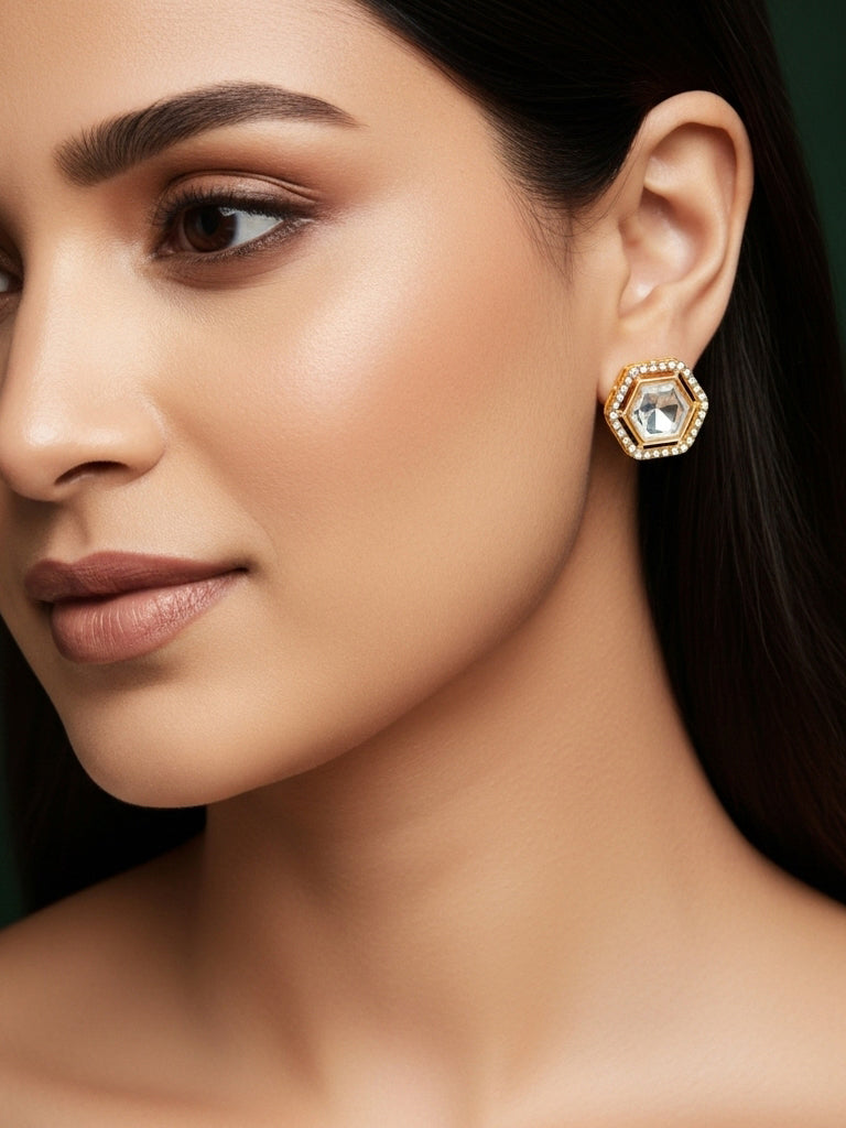 Aadita Hexagonal Crystal Stud Earrings with Clear Stones