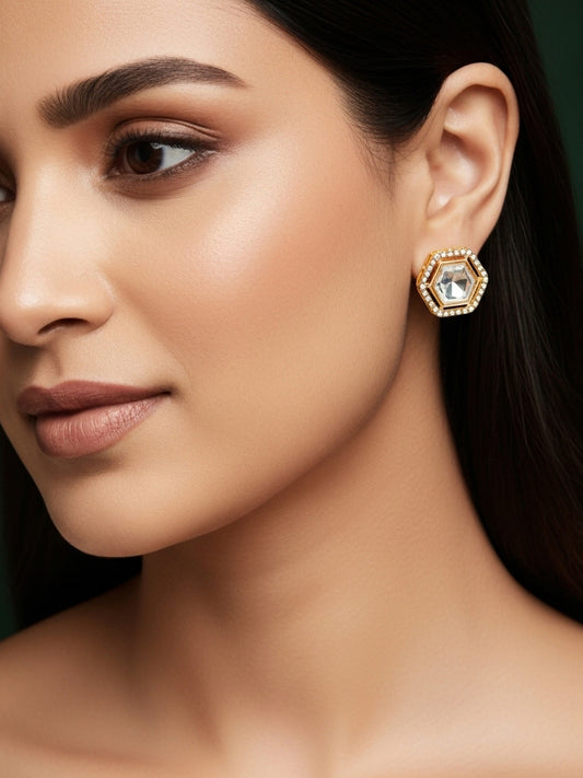 Aadita Hexagonal Crystal Stud Earrings with Clear Stones