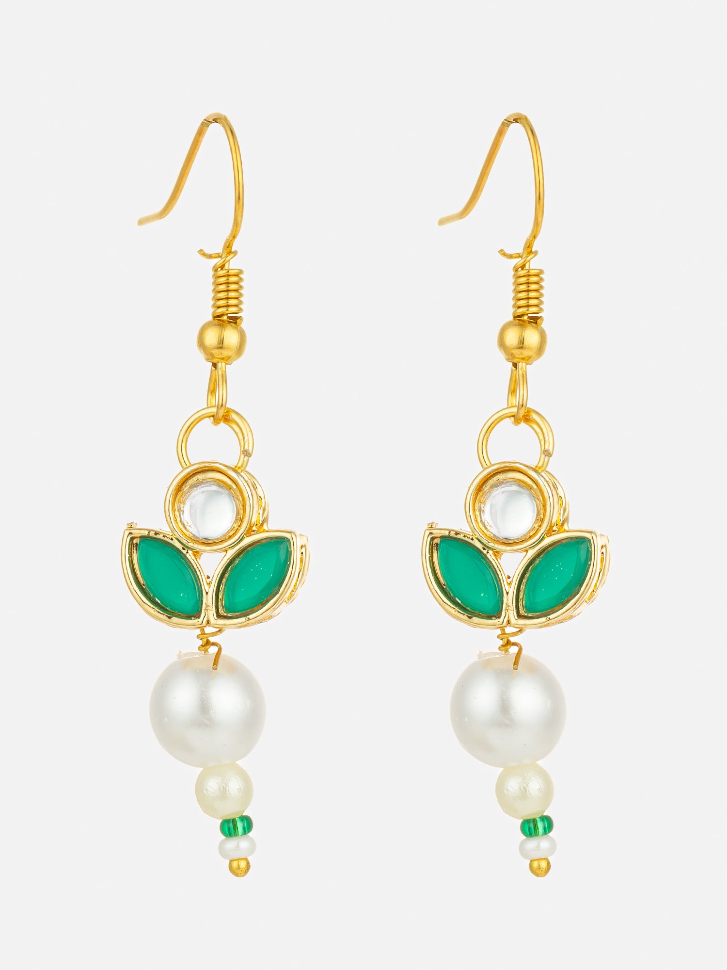 Aadita Green Kundan and Pearl Floral Drop Earrings