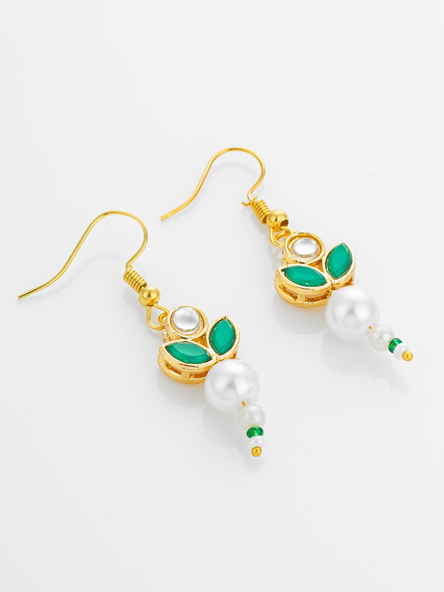 Aadita Green Kundan and Pearl Floral Drop Earrings