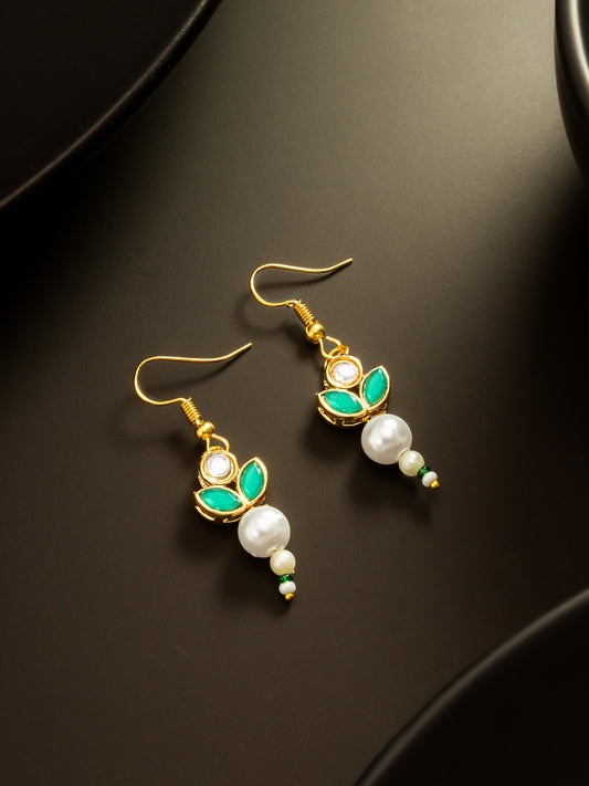 Aadita Green Kundan and Pearl Floral Drop Earrings