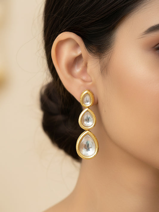 Aadita Gold Plated Triple Teardrop Kundan Earrings