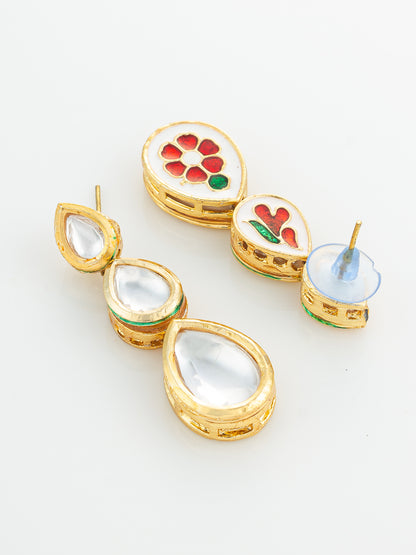 Aadita Gold Plated Triple Teardrop Kundan Earrings
