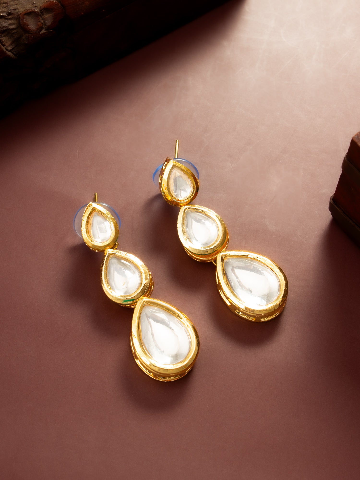 Aadita Gold Plated Triple Teardrop Kundan Earrings