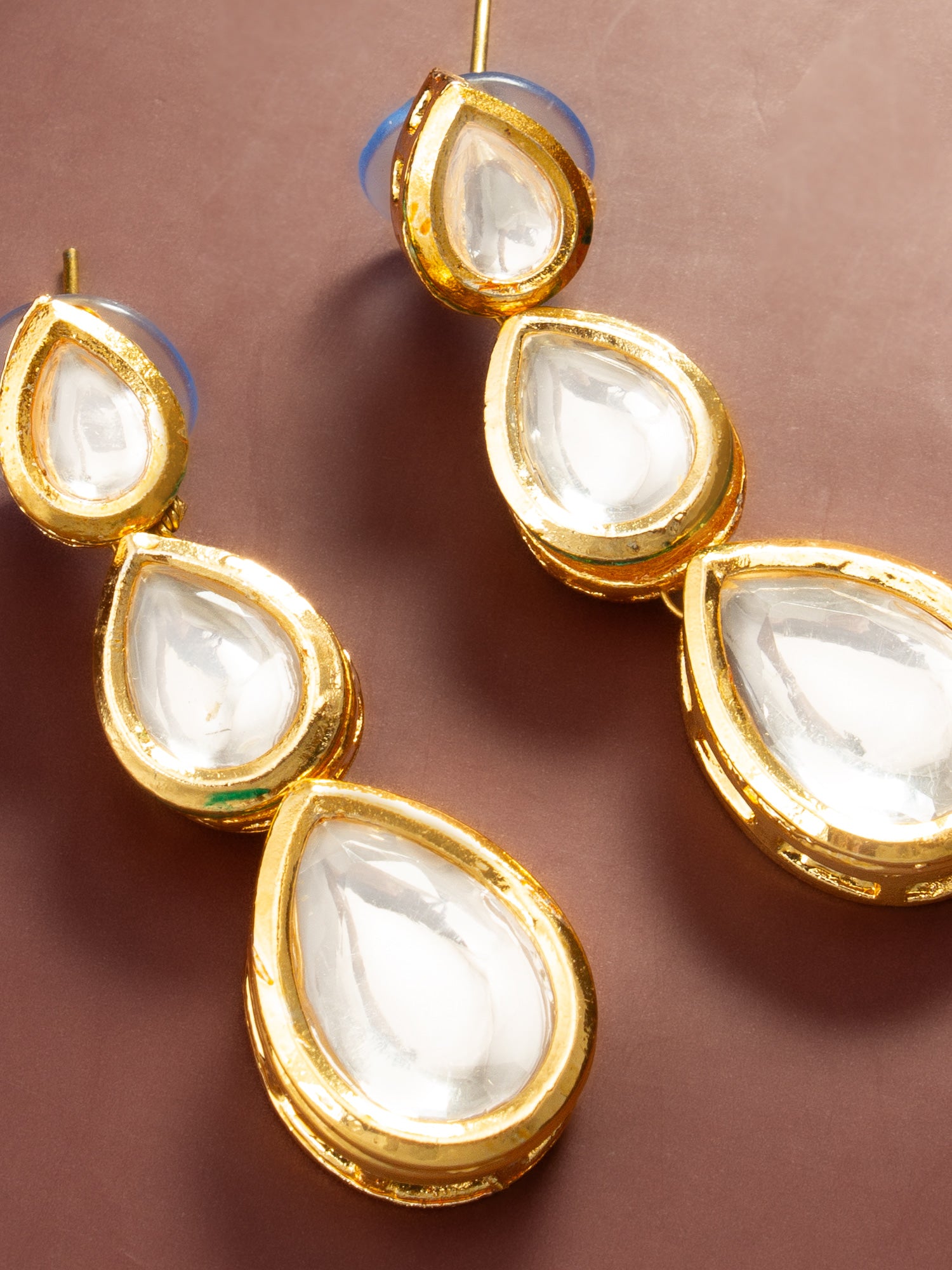 Aadita Gold Plated Triple Teardrop Kundan Earrings