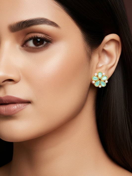 Aadita Gold Plated Mint Green Floral Stud Earrings with Pearls