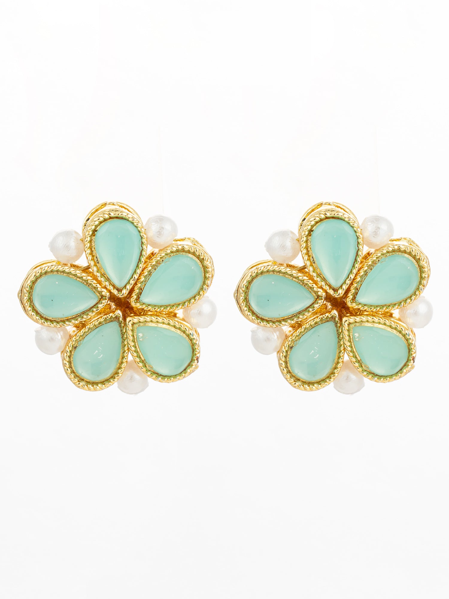 Aadita Gold Plated Mint Green Floral Stud Earrings with Pearls