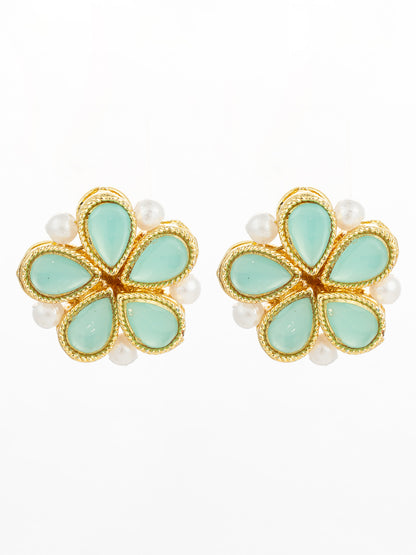 Aadita Gold Plated Mint Green Floral Stud Earrings with Pearls