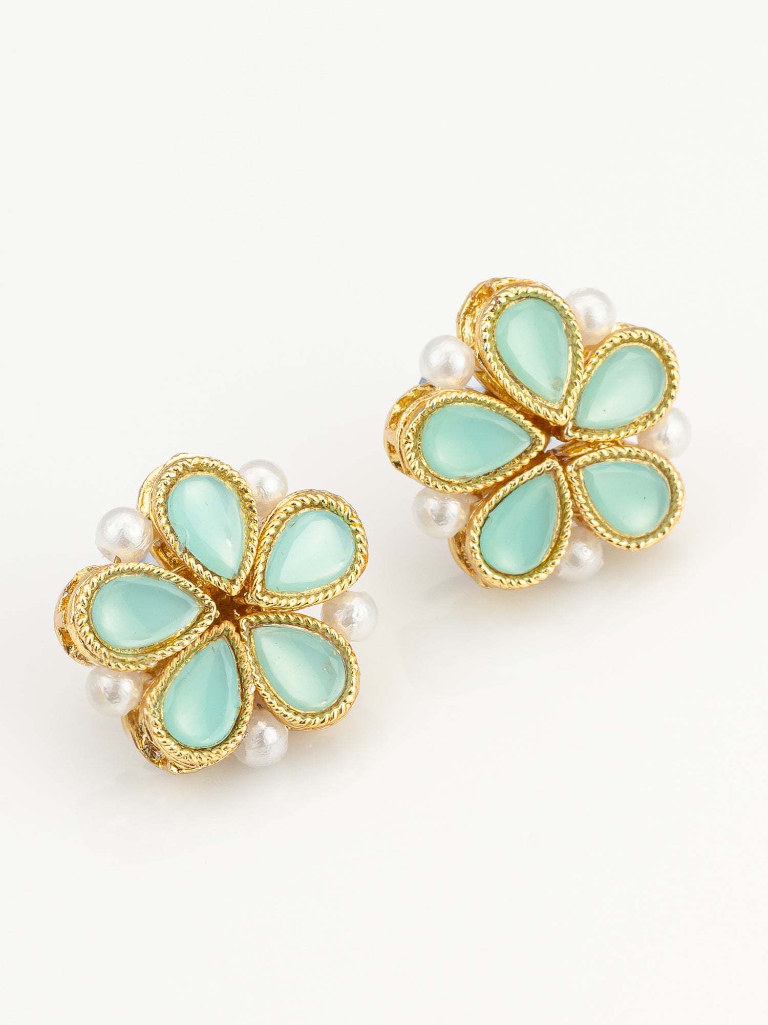 Aadita Gold Plated Mint Green Floral Stud Earrings with Pearls