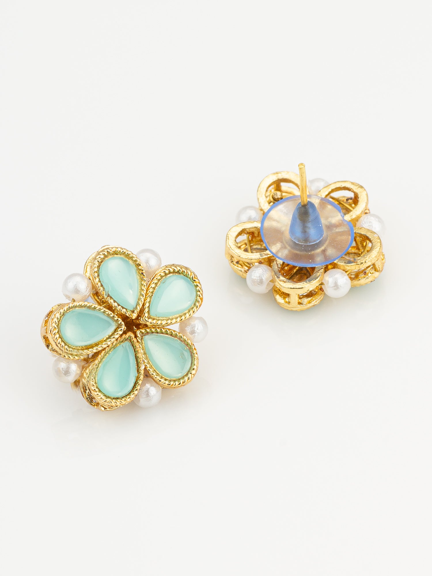 Aadita Gold Plated Mint Green Floral Stud Earrings with Pearls
