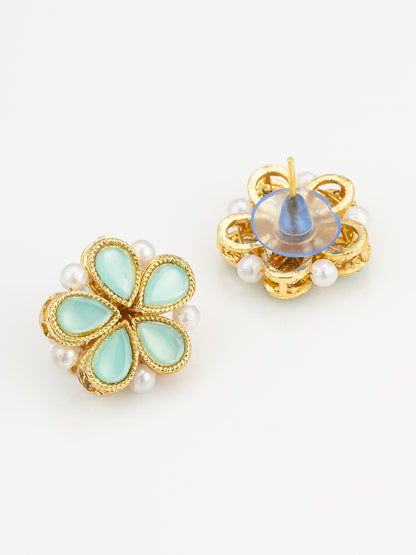 Aadita Gold Plated Mint Green Floral Stud Earrings with Pearls