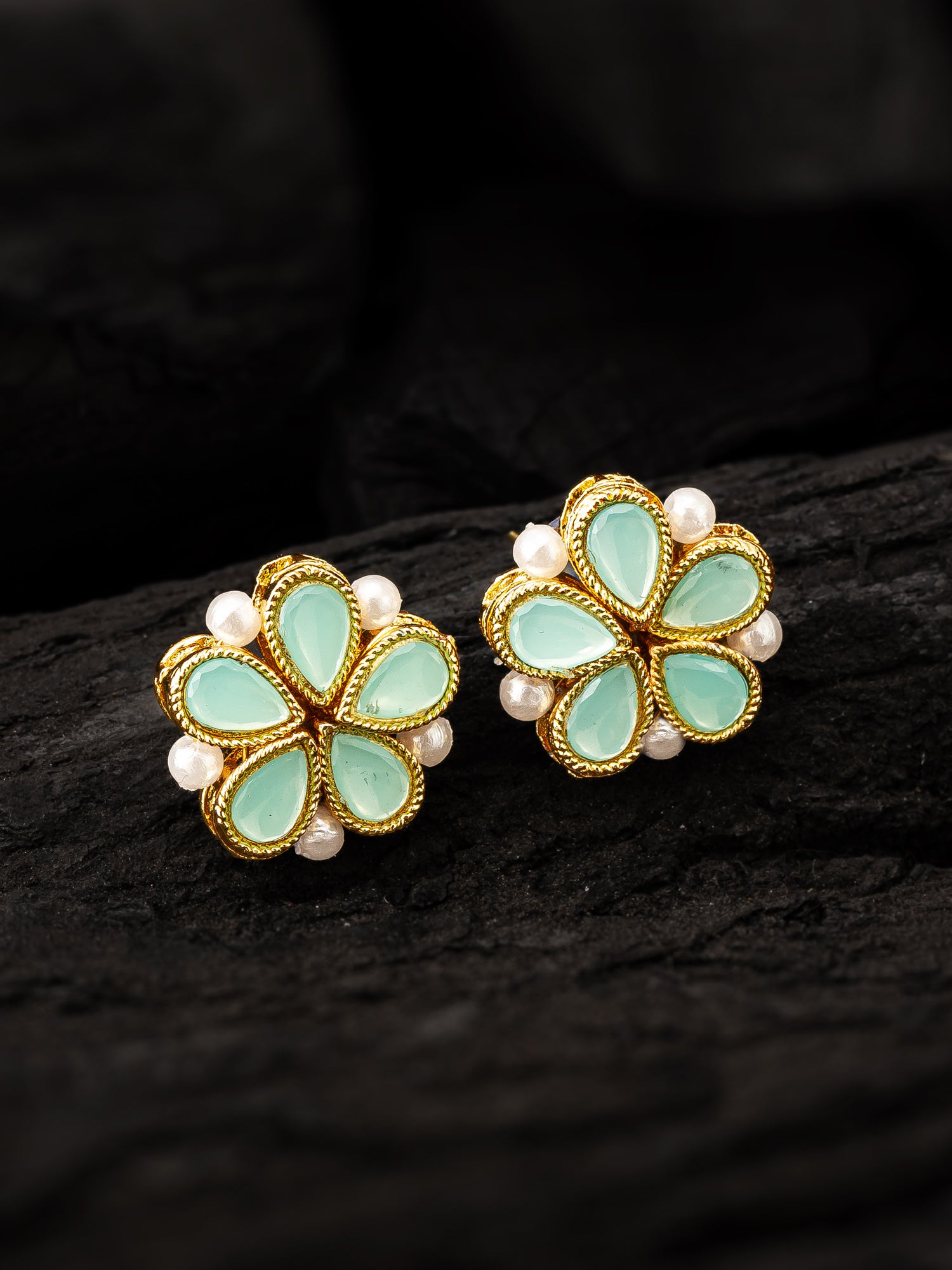 Aadita Gold Plated Mint Green Floral Stud Earrings with Pearls