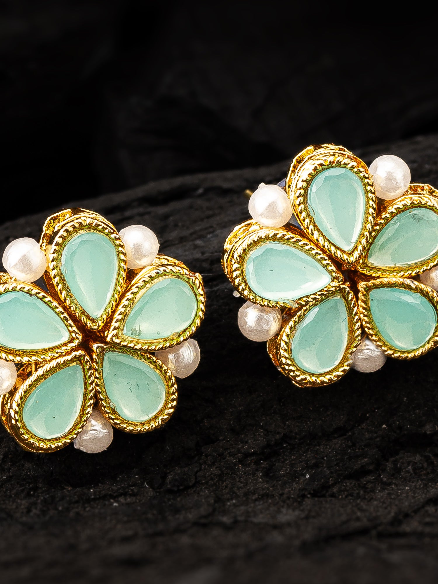 Aadita Gold Plated Mint Green Floral Stud Earrings with Pearls