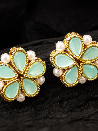 Aadita Gold Plated Mint Green Floral Stud Earrings with Pearls