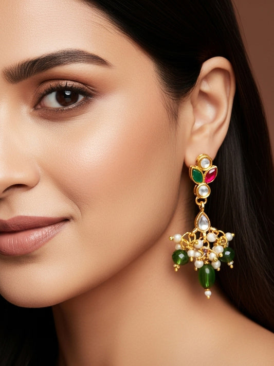 Aadita Multi-Color Kundan Gold Plated Pearl Drop Earrings