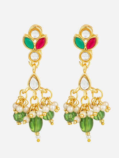 Aadita Multi-Color Kundan Gold Plated Pearl Drop Earrings