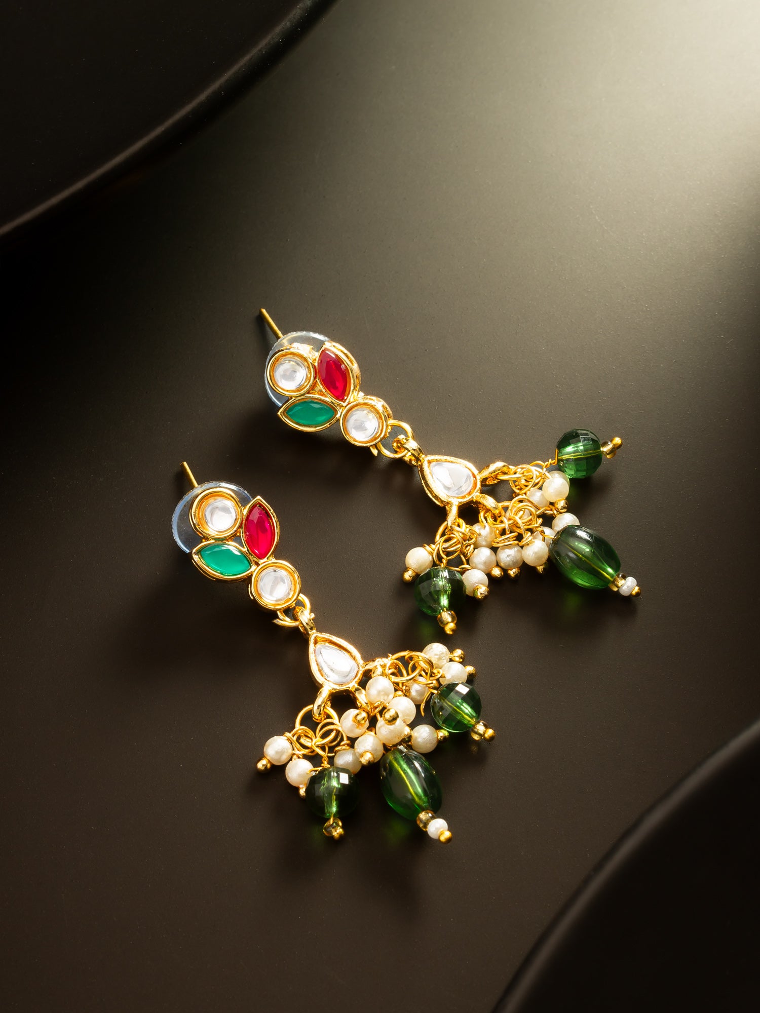 Aadita Multi-Color Kundan Gold Plated Pearl Drop Earrings