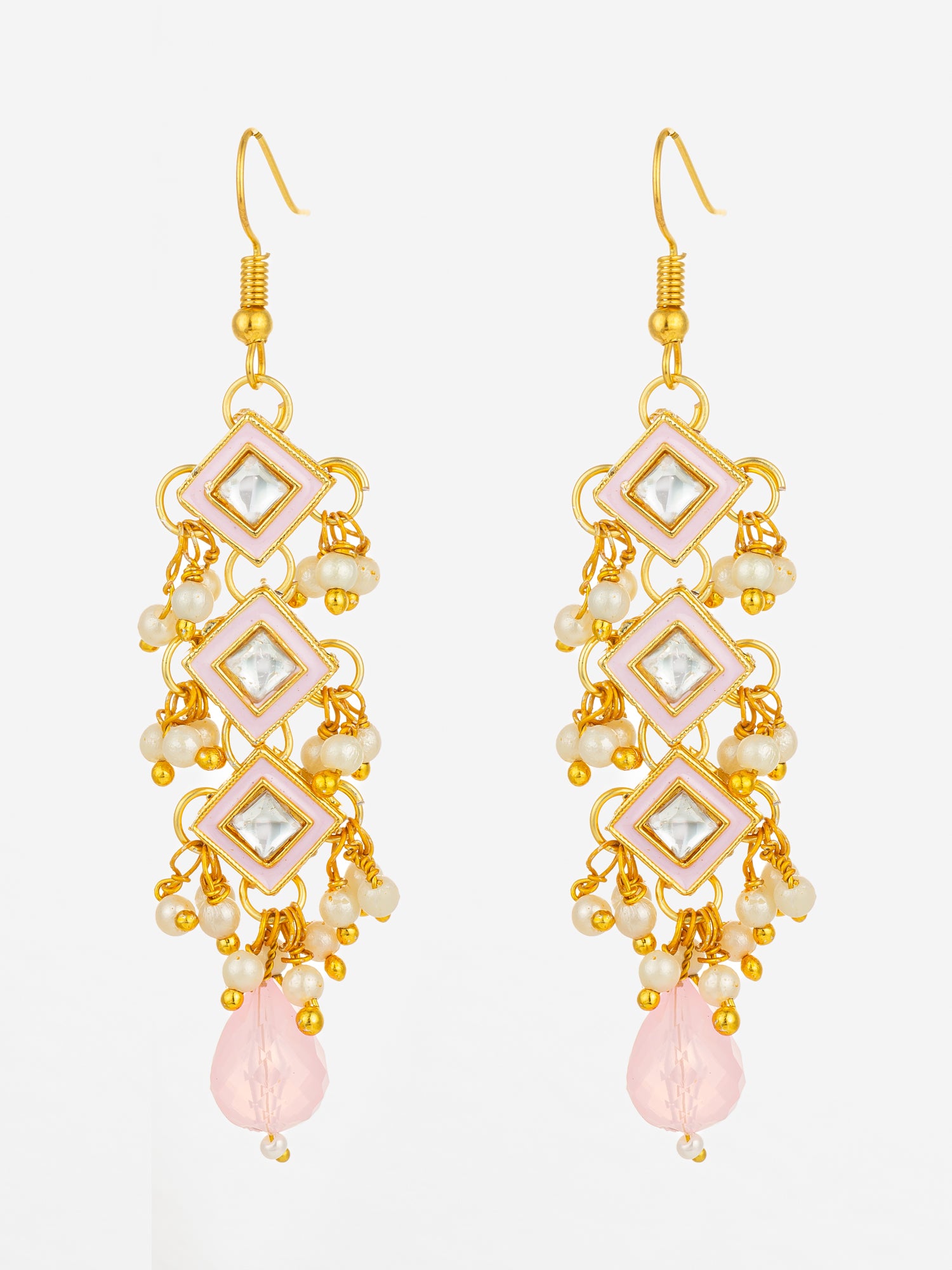 Aadita Pink Enamel and Kundan Tiered Long Drop Earrings