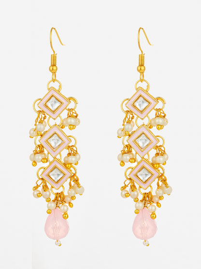 Aadita Pink Enamel and Kundan Tiered Long Drop Earrings