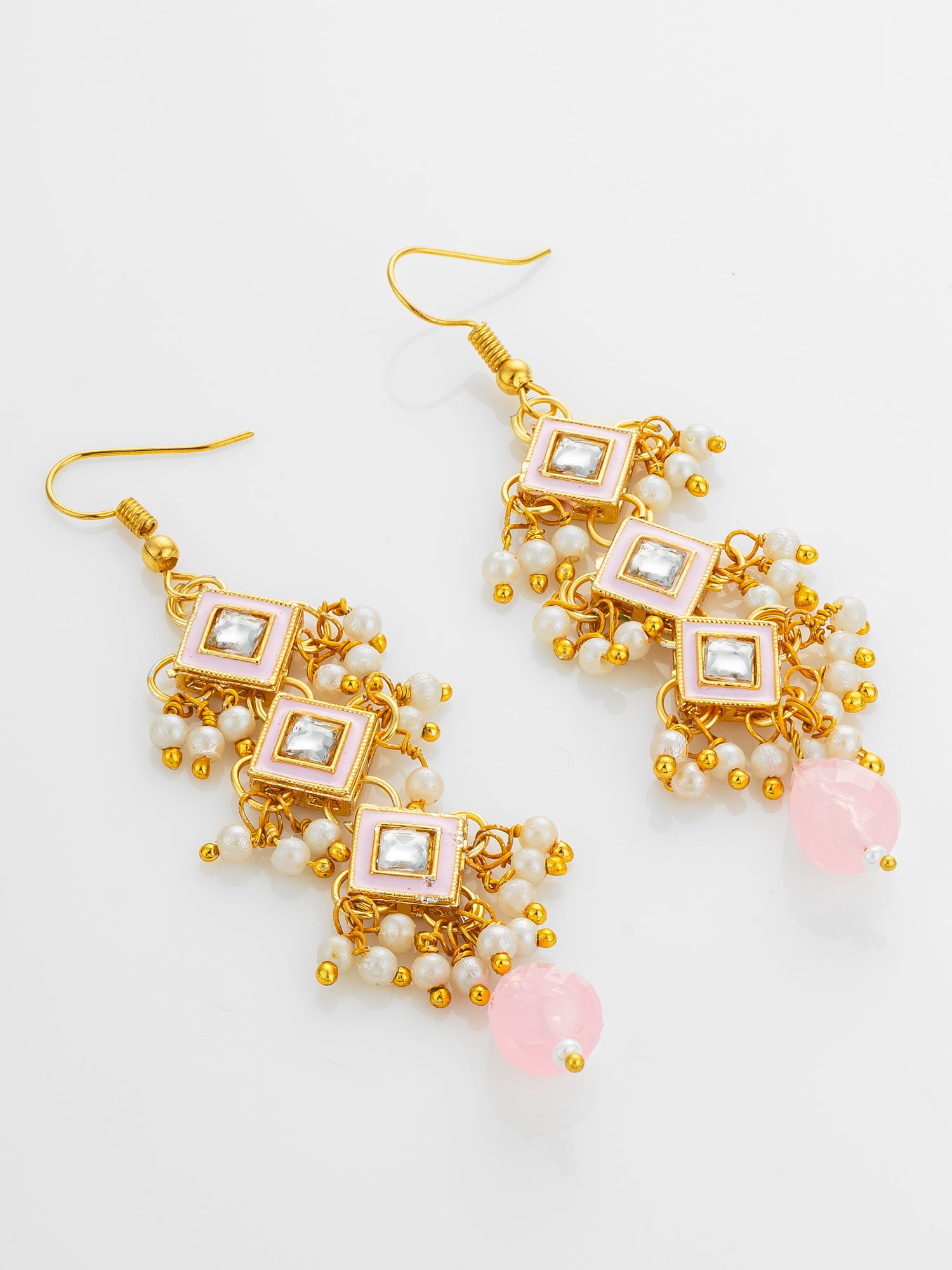 Aadita Pink Enamel and Kundan Tiered Long Drop Earrings