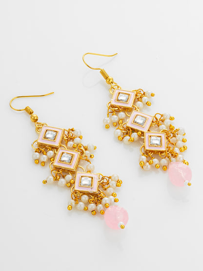 Aadita Pink Enamel and Kundan Tiered Long Drop Earrings