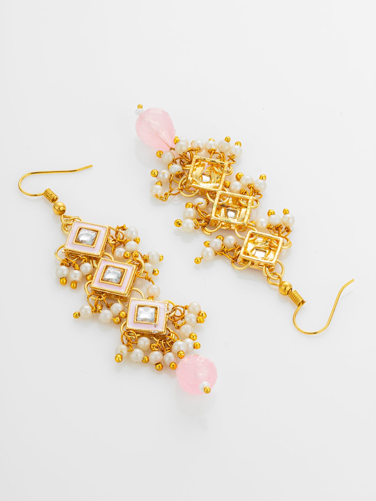 Aadita Pink Enamel and Kundan Tiered Long Drop Earrings