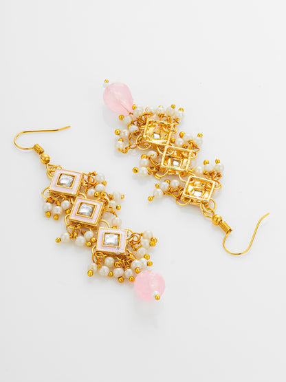 Aadita Pink Enamel and Kundan Tiered Long Drop Earrings
