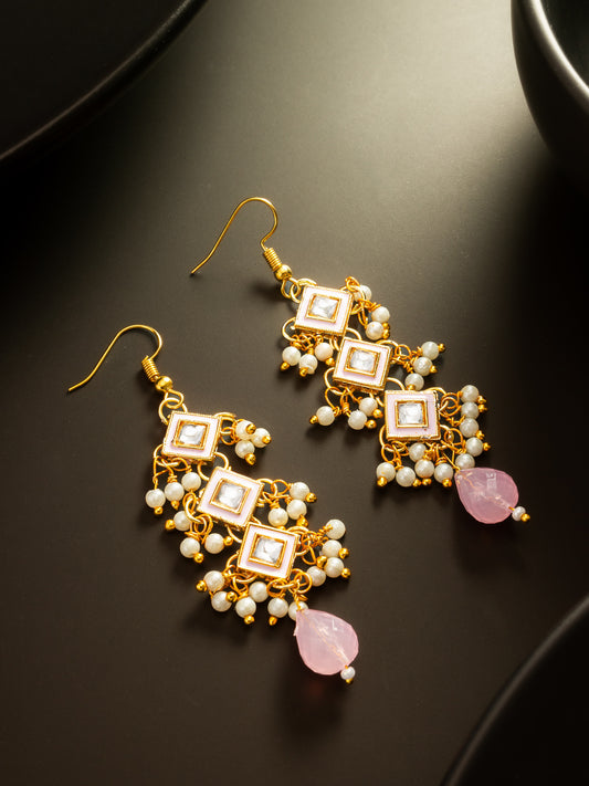 Aadita Pink Enamel and Kundan Tiered Long Drop Earrings