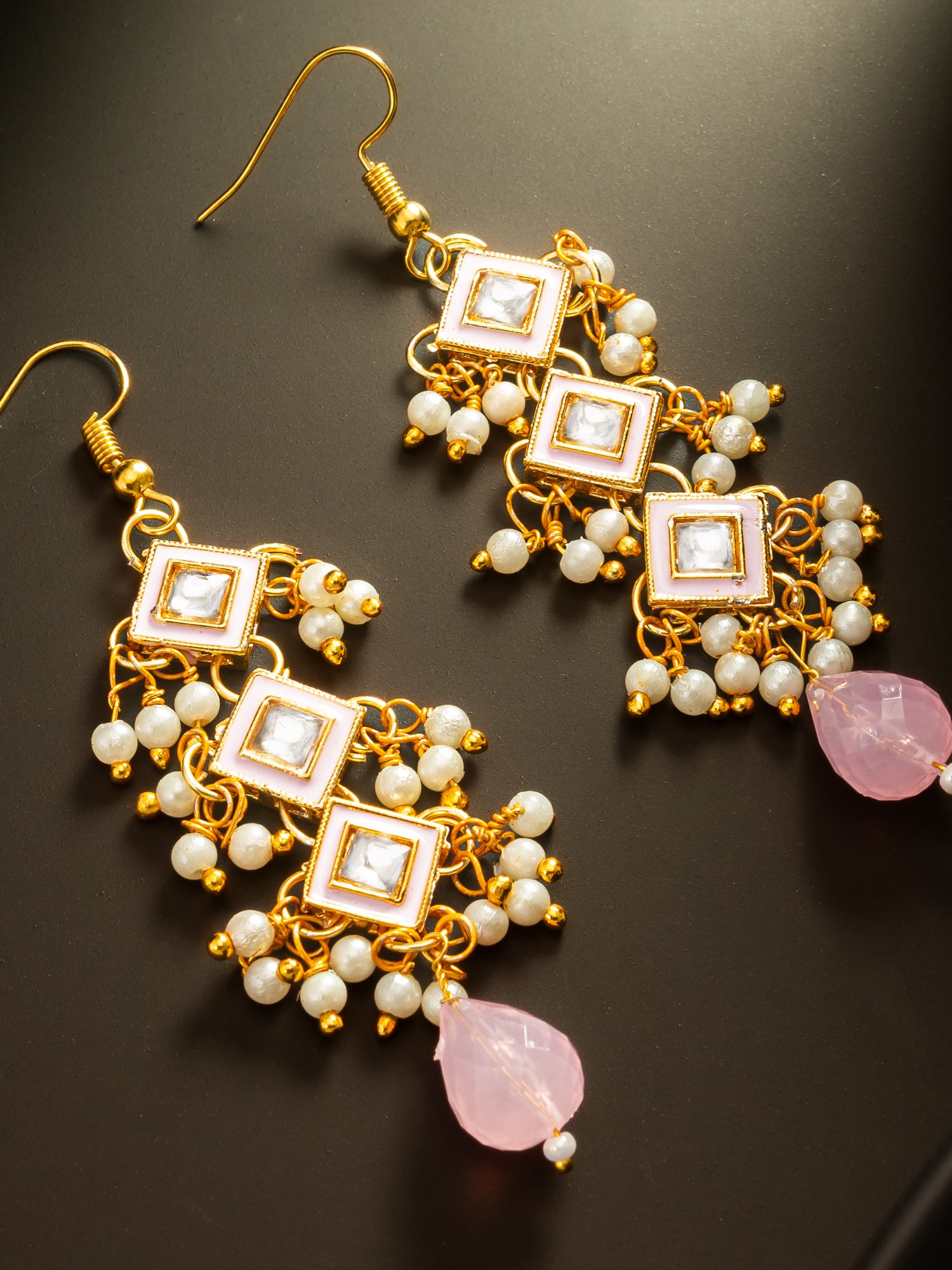 Aadita Pink Enamel and Kundan Tiered Long Drop Earrings