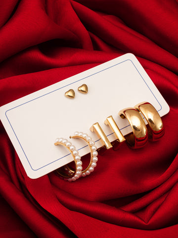 Aadita Gold Plated Pearl and Geometric Hoop Earring Combo Set