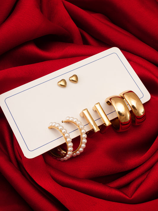 Aadita Gold Plated Pearl and Geometric Hoop Earring Combo Set