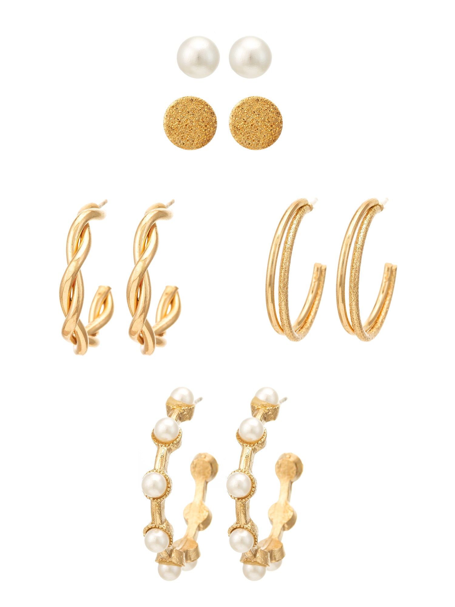 Aadita Gold Plated Textured Hoop and Pearl Stud Set