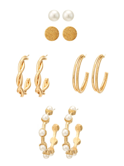 Aadita Gold Plated Textured Hoop and Pearl Stud Set
