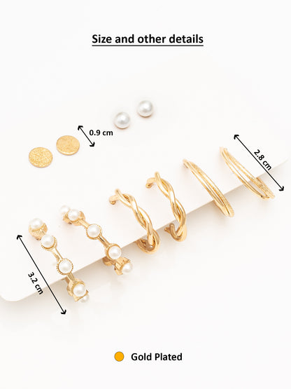 Aadita Gold Plated Textured Hoop and Pearl Stud Set