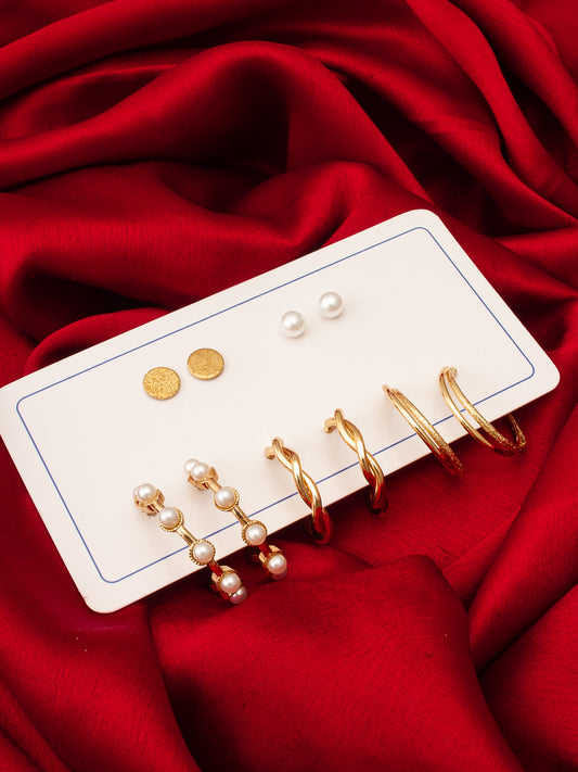 Aadita Gold Plated Textured Hoop and Pearl Stud Set