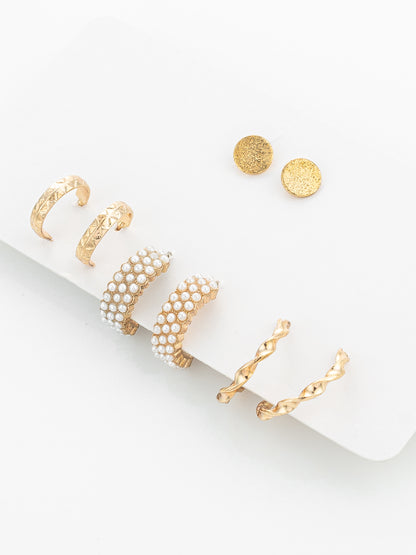 Aadita Gold Plated Pearl Huggie and Textured Hoop Set