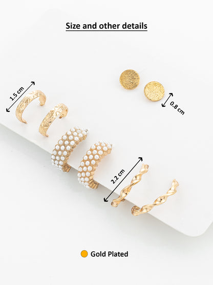 Aadita Gold Plated Pearl Huggie and Textured Hoop Set