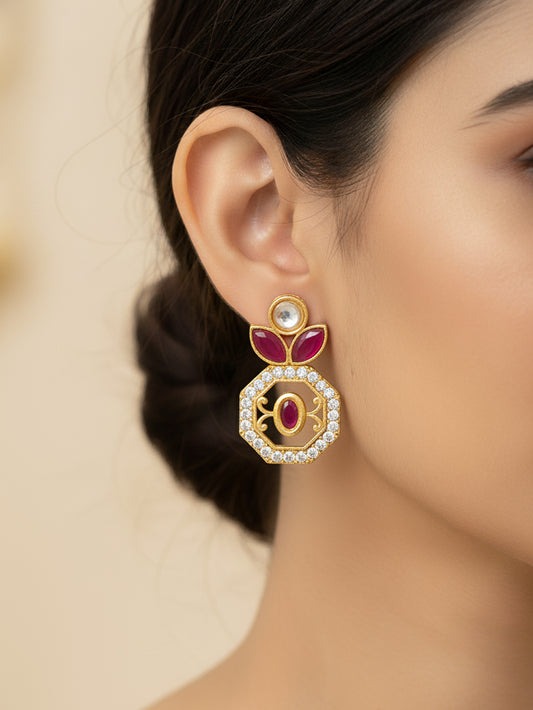 Aadita Gold Plated Geometric Octagon Red Stone Earrings