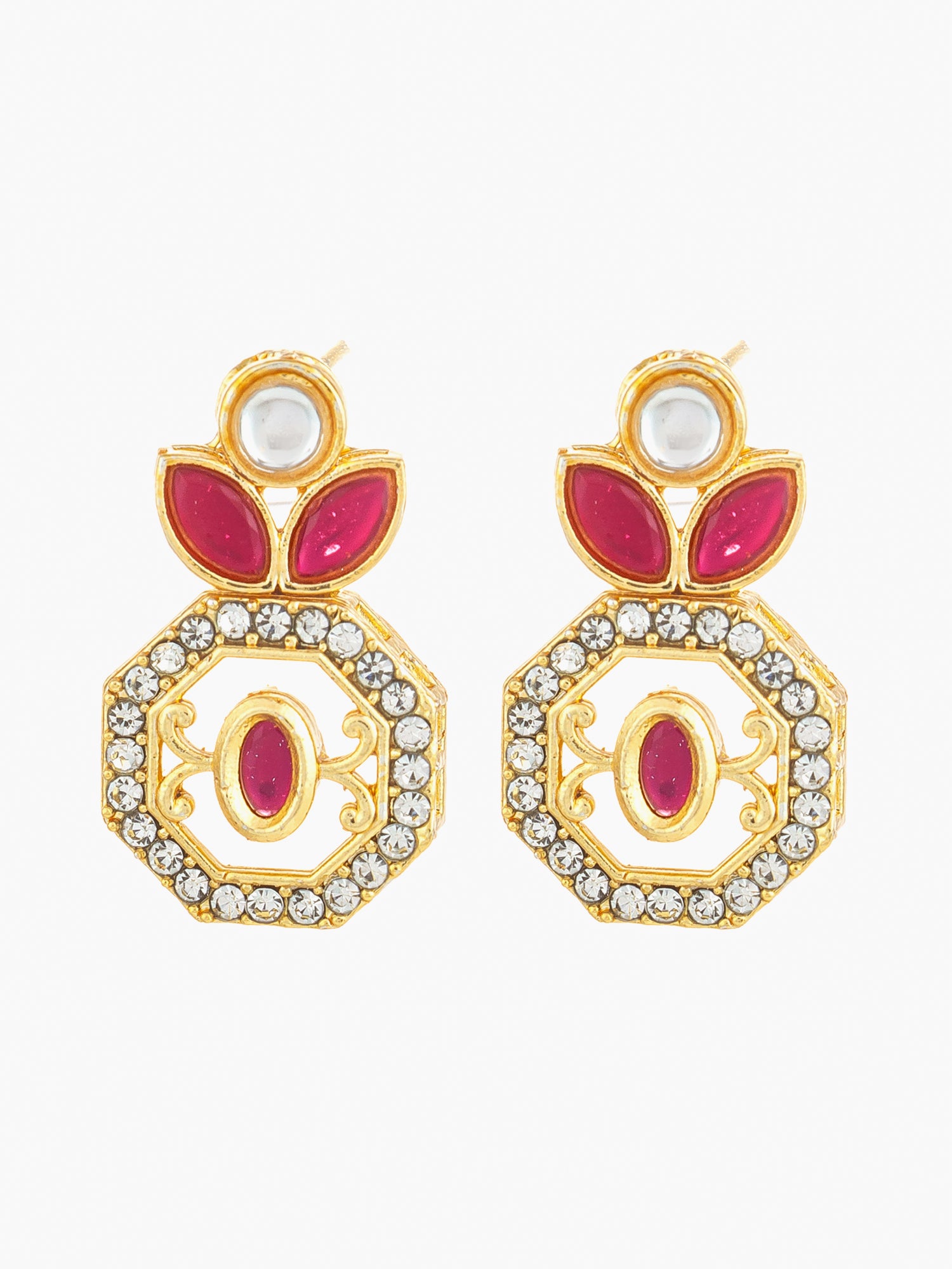 Aadita Gold Plated Geometric Octagon Red Stone Earrings