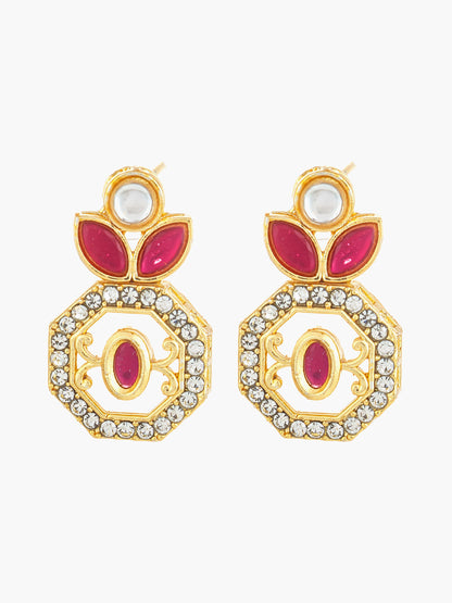 Aadita Gold Plated Geometric Octagon Red Stone Earrings