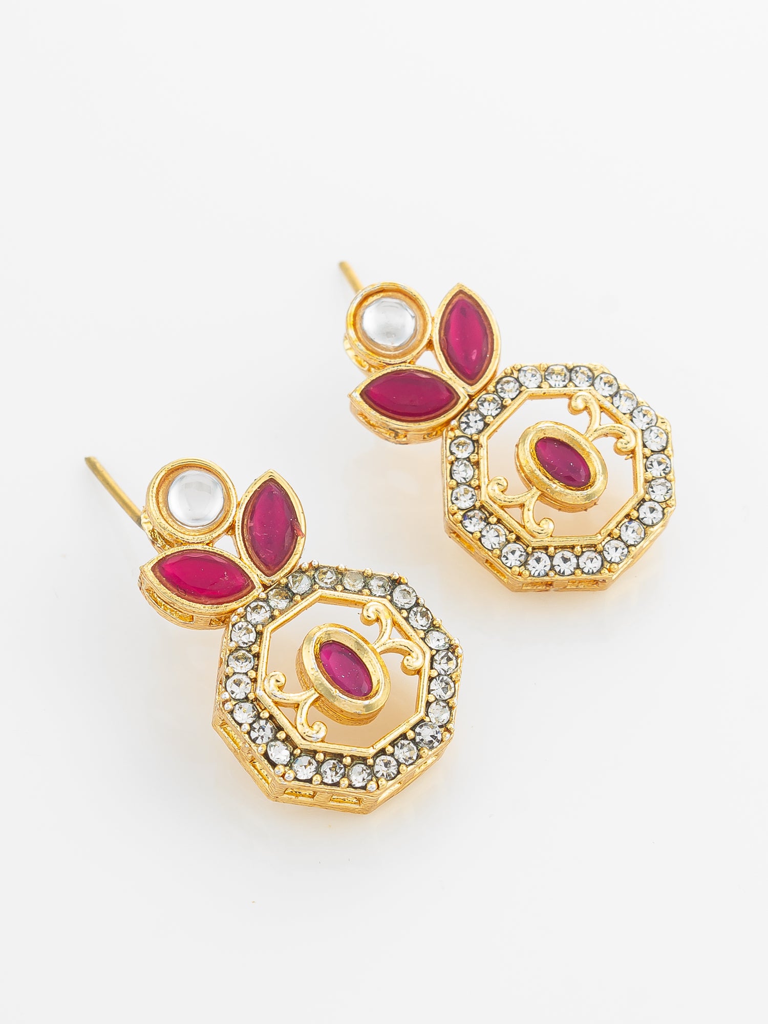 Aadita Gold Plated Geometric Octagon Red Stone Earrings
