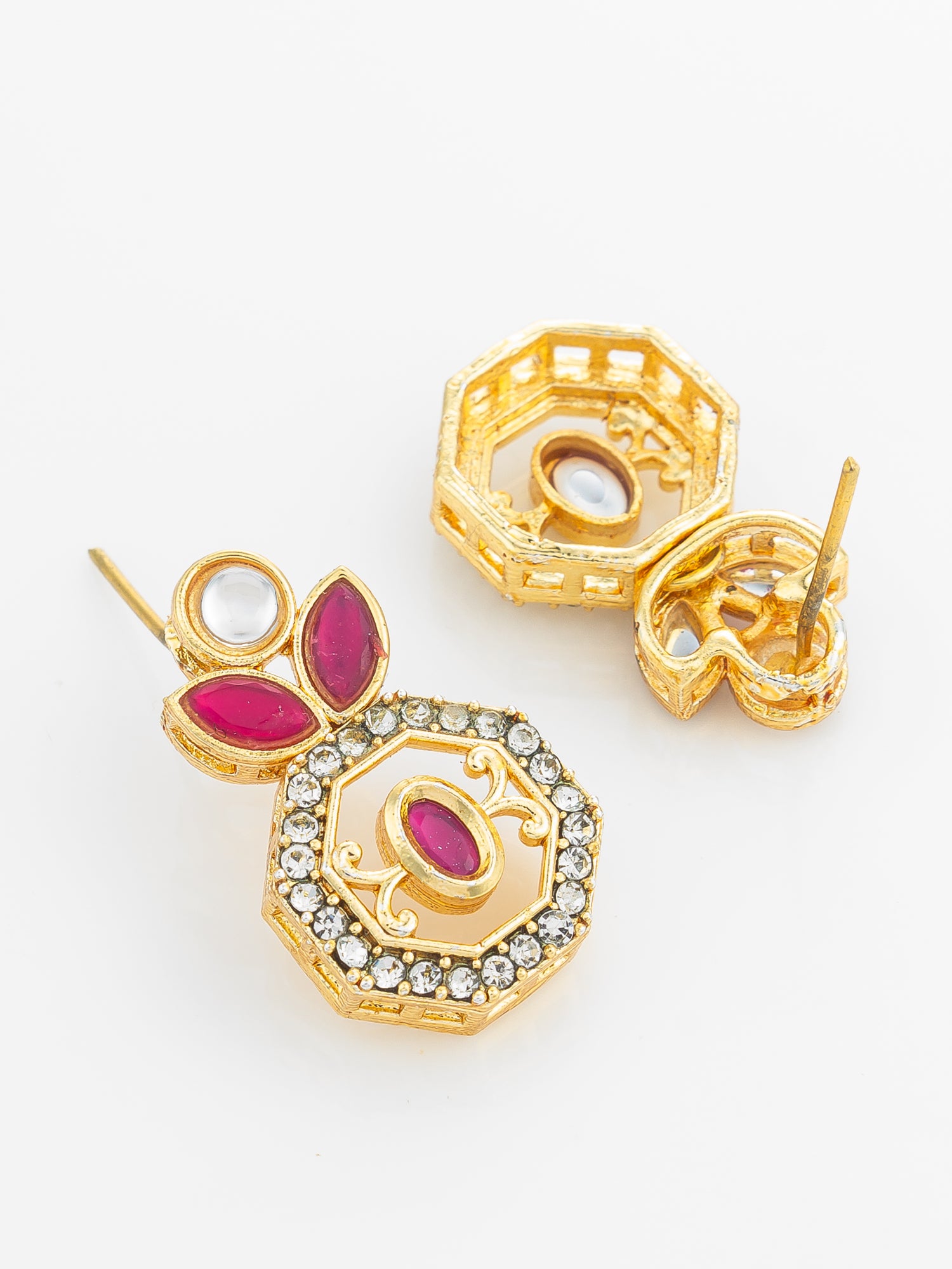 Aadita Gold Plated Geometric Octagon Red Stone Earrings
